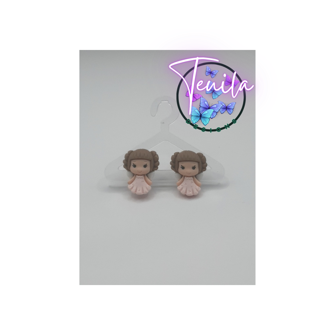 Brown hair pink frilly dress studs