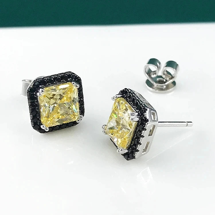 925 Sterling Silver With Black Zircon And Square Yellow High Carbon Diamond Stud Earrings