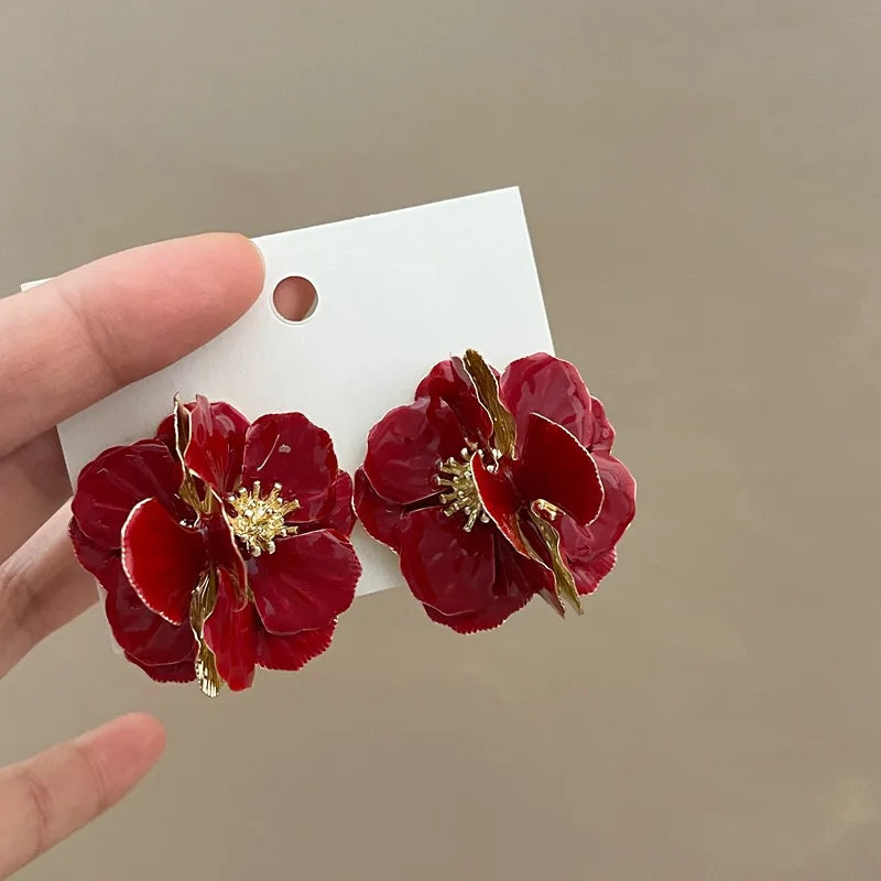 Unique Big Flower Stud Earrings Exaggerate Red Flowers Earrings Korean Style Exquisite White Camellia Earring Statement Jewelry
